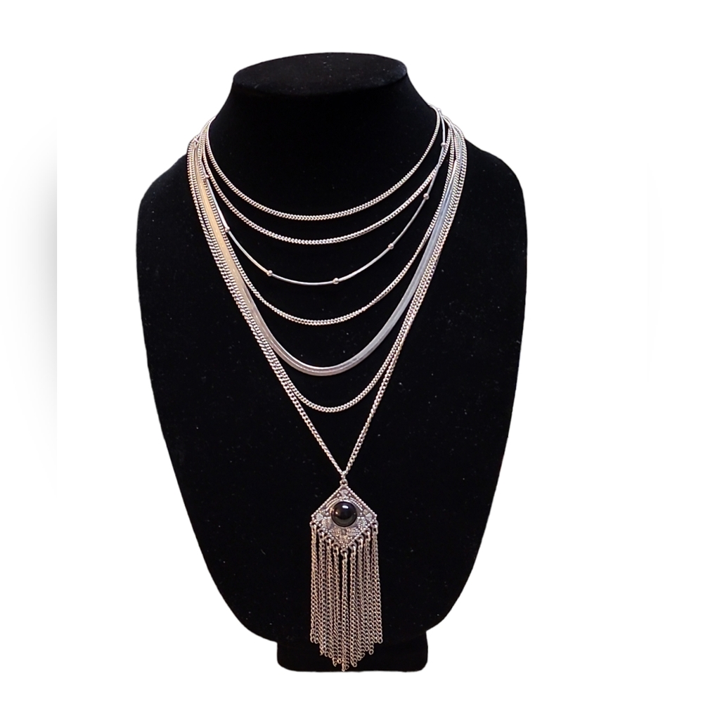Bohemian Silvertone Multi-Layered Statement Chain… - image 1